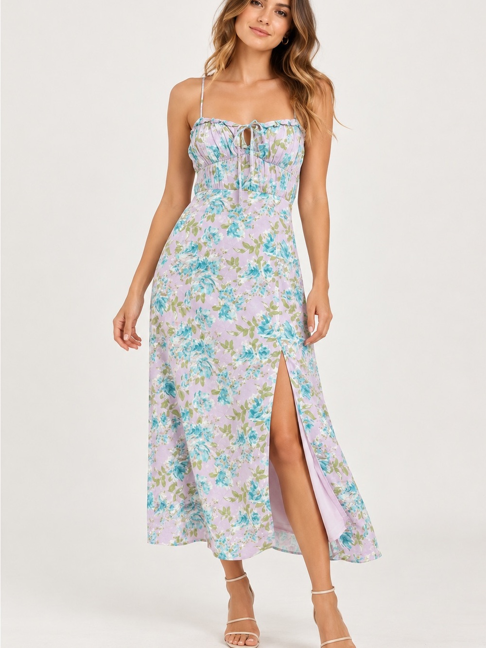 Astr Lilac Floral Maxi Dress with Teal and Green Accents